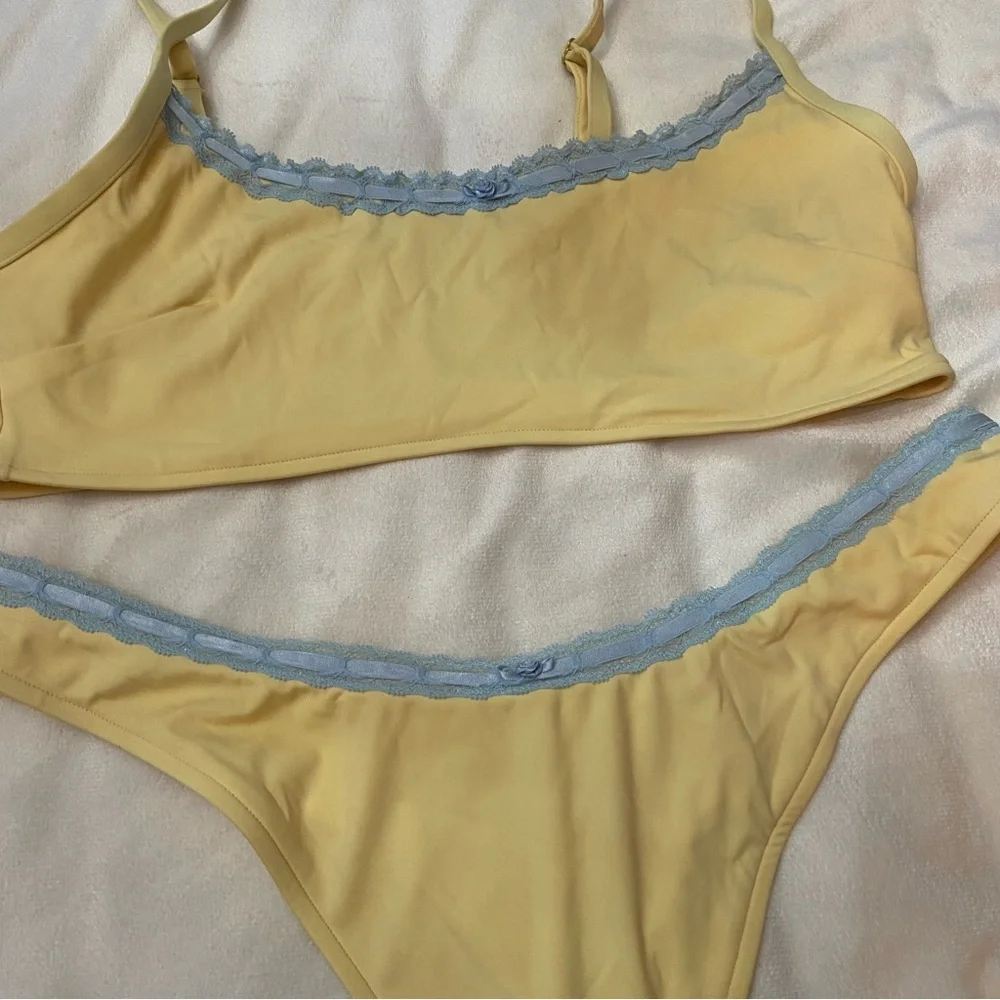 New! Frankie's Bikinis x PINK st Augustine thong Yellow Blue Bikini 3978